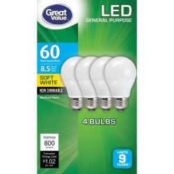 Great Value 60W Equivalent LED Bulbs 4-Pack for $6 + pickup at Walmart